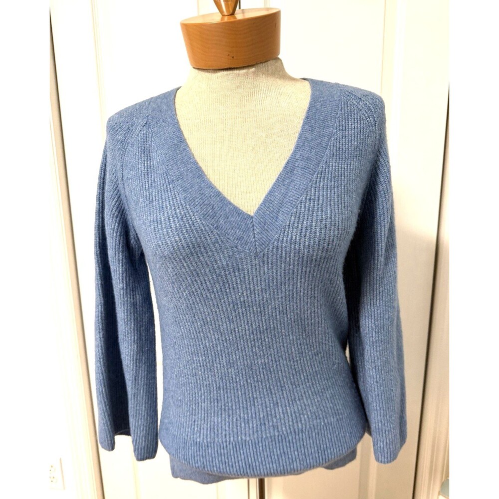 White House Black Market Sz M Blue Ribbed V-neck Flare Sleeve Sweater Wool Blend